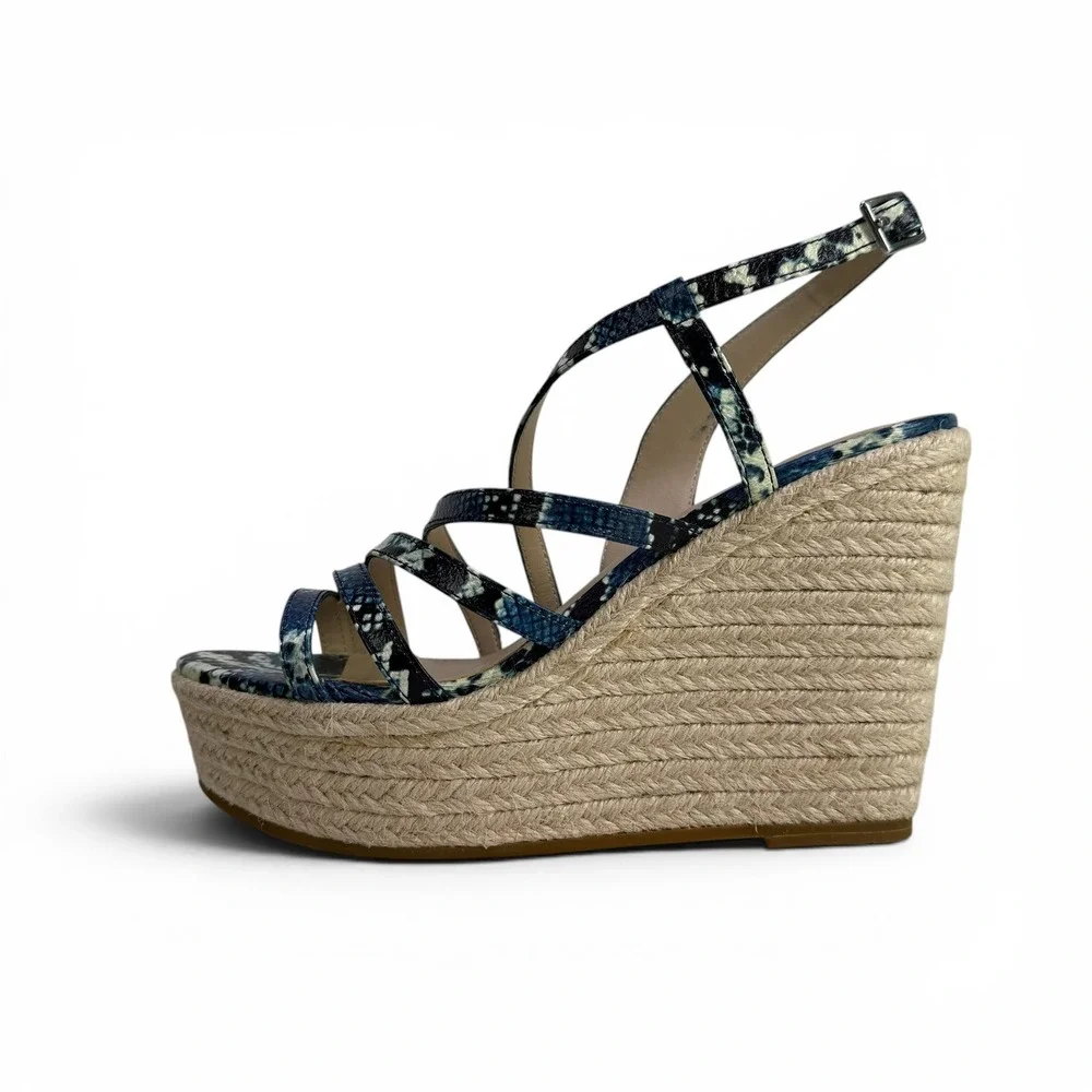 Pelle Moda Espadrille Wedge Sandals Platform Strappy Womens 6.5 M Blue Snakeskin